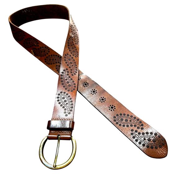 Vintage Lucky Brand brown leather belt M brass buckle tooled paisley Boho FLAWS - Picture 1 of 7